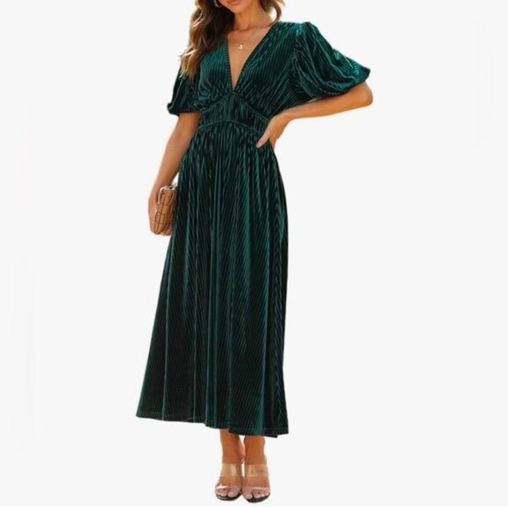 Emerald Velvet Milkmaid Dress Midi Bustier Puff Sleeve Vneck M Bridesmaid Boho